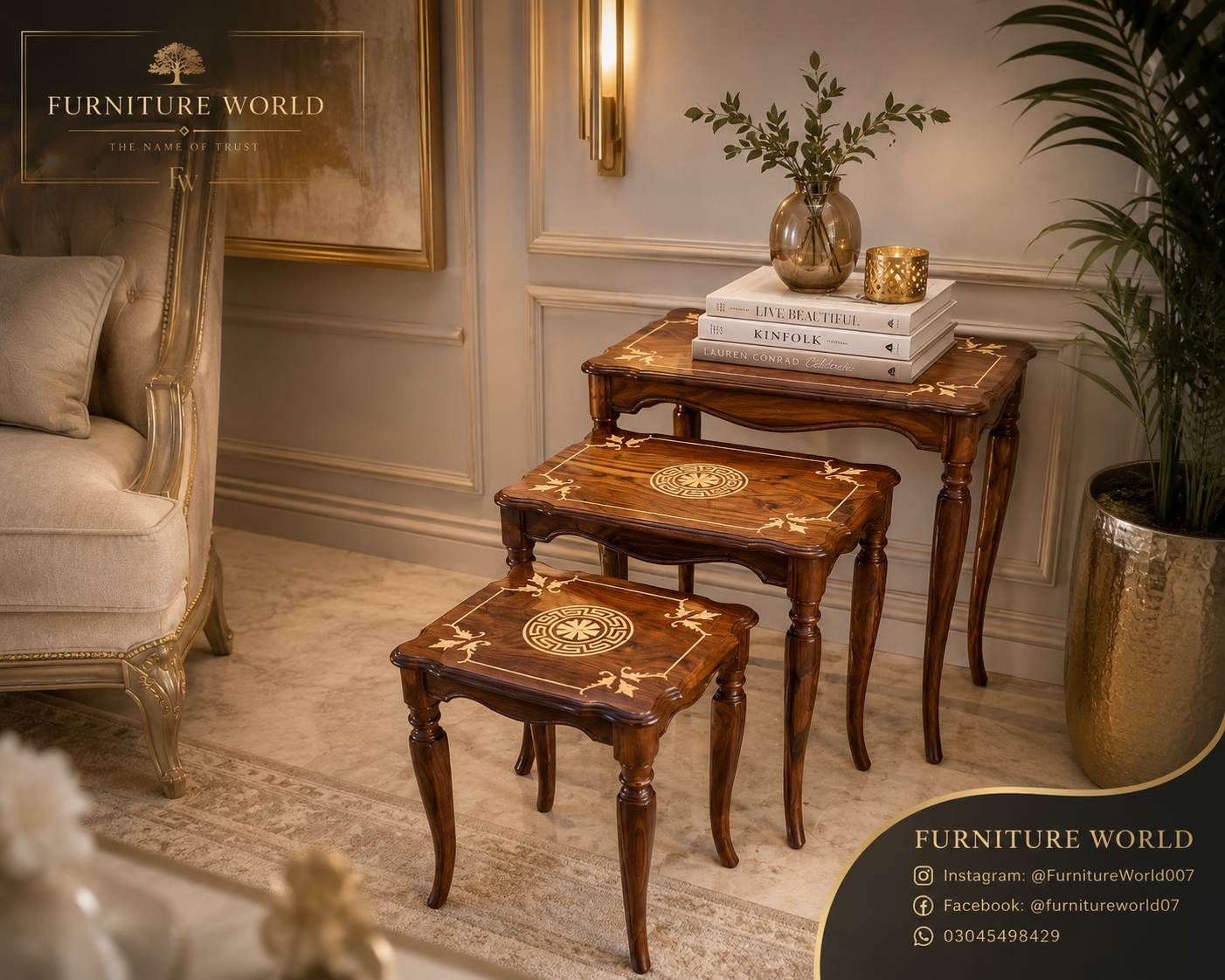 Three nested wooden nesting tables in a warm, elegant living room setting. The tables feature dark brown wood frames with intricate gold and beige inlay patterns on the top surfaces.