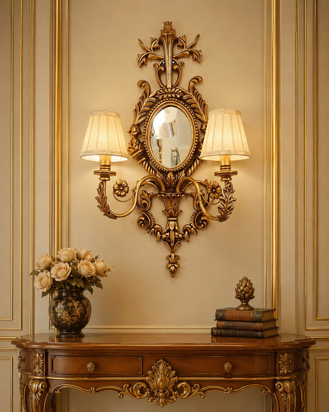 Antique Gold Floral Wall Lamp with oval mirror and two warm fabric shades