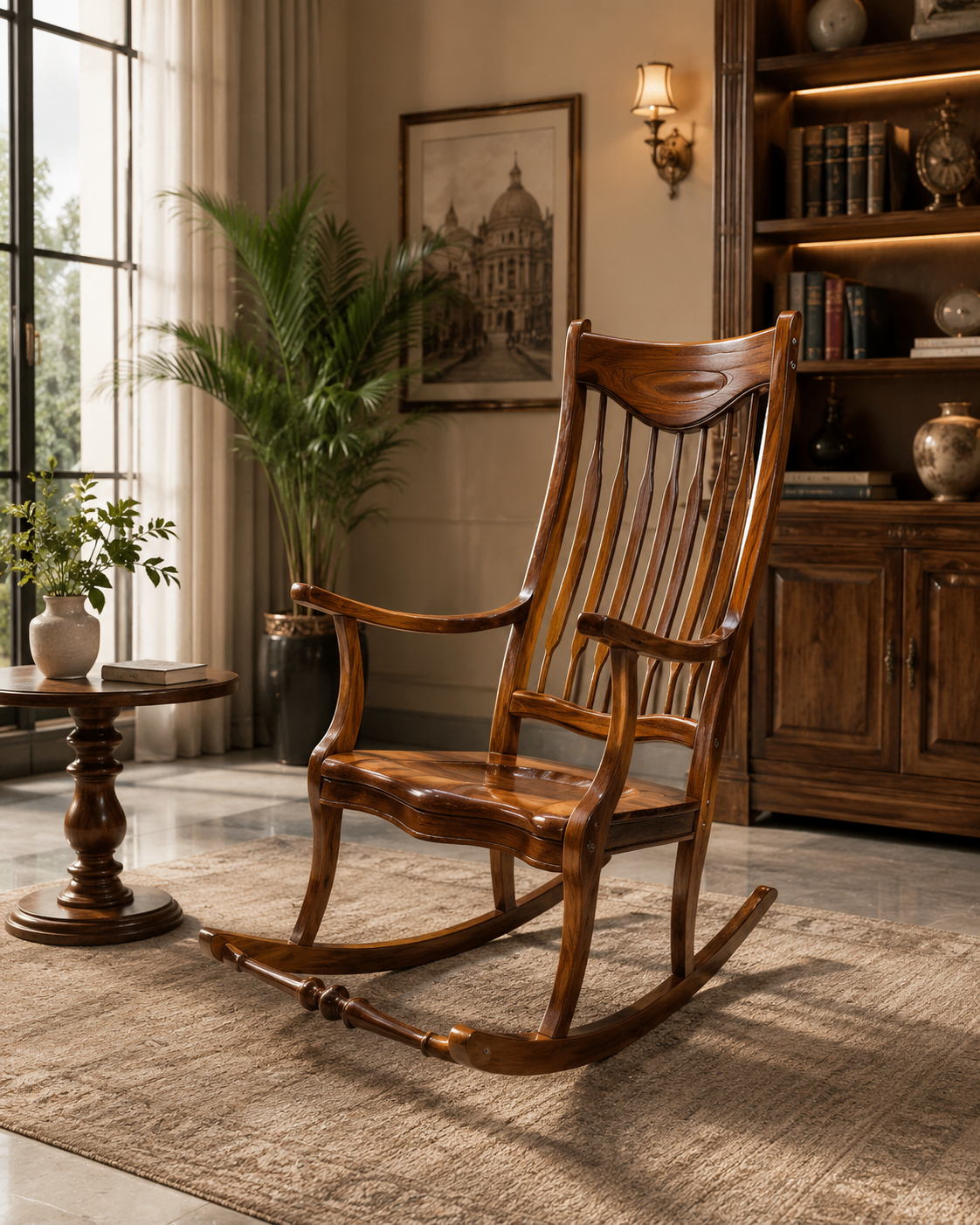 A polished wooden rocking chair with a spindle-back design, placed in a beautifully decorated room with a bookshelf, potted plant, and window.