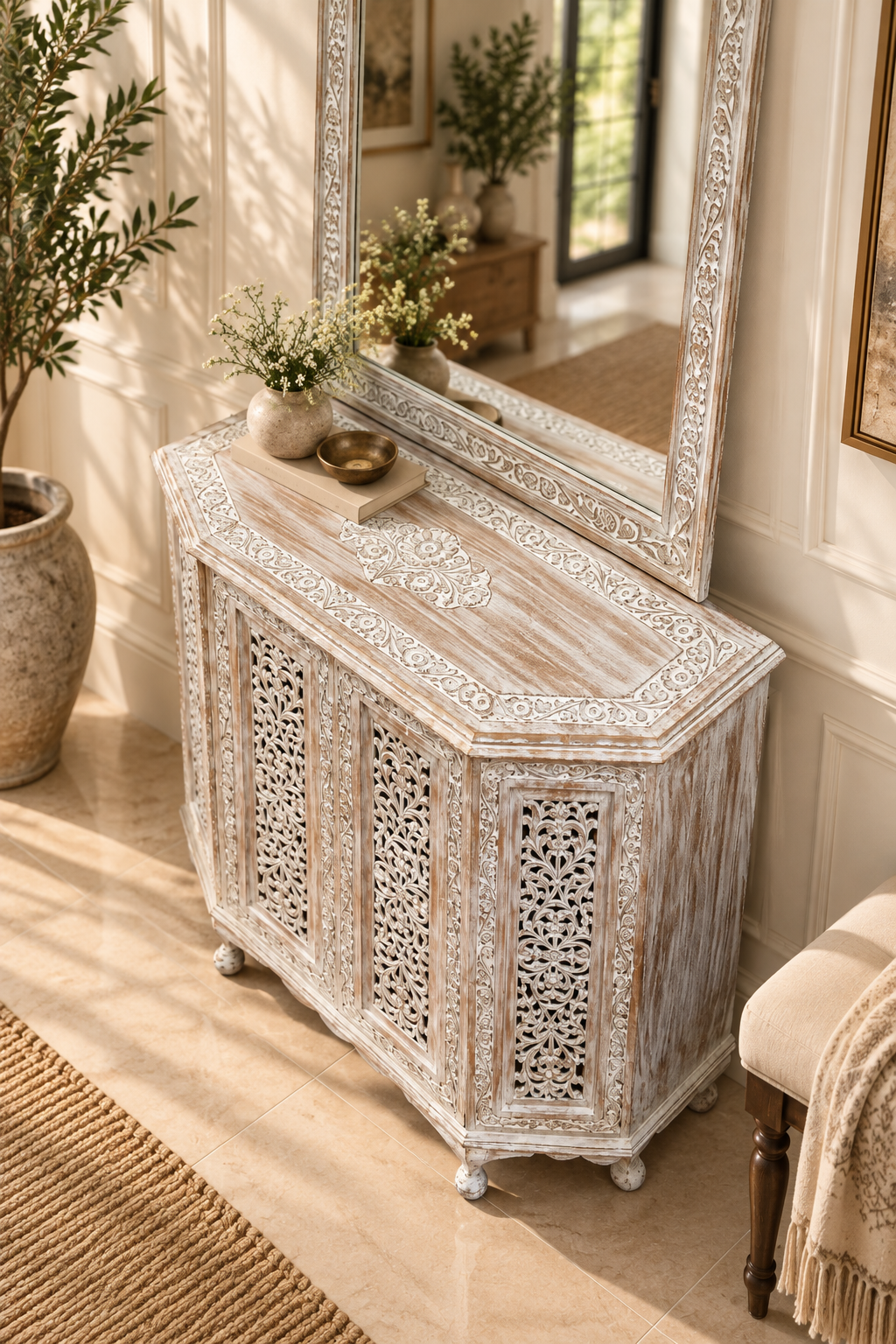 Antique white carved console with mirror - angled detail view