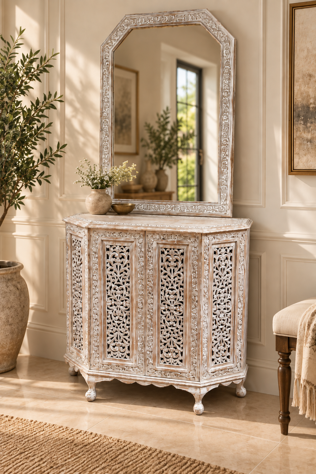 Antique white carved console with mirror - alternate front interior view
