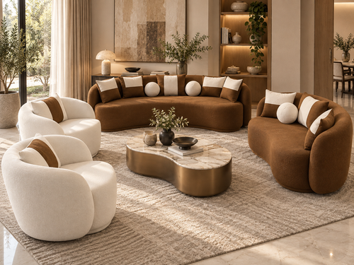 Aurelia Curve 7-Seater Sofa Set in brown boucle with two ivory chairs