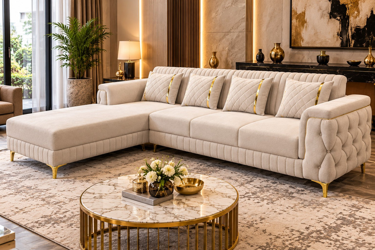 Aurelia 6-seater L-shape sofa in cream upholstery with gold accents - alternate angle