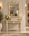 French floral pure Sheesham wood console table with matching ornate mirror