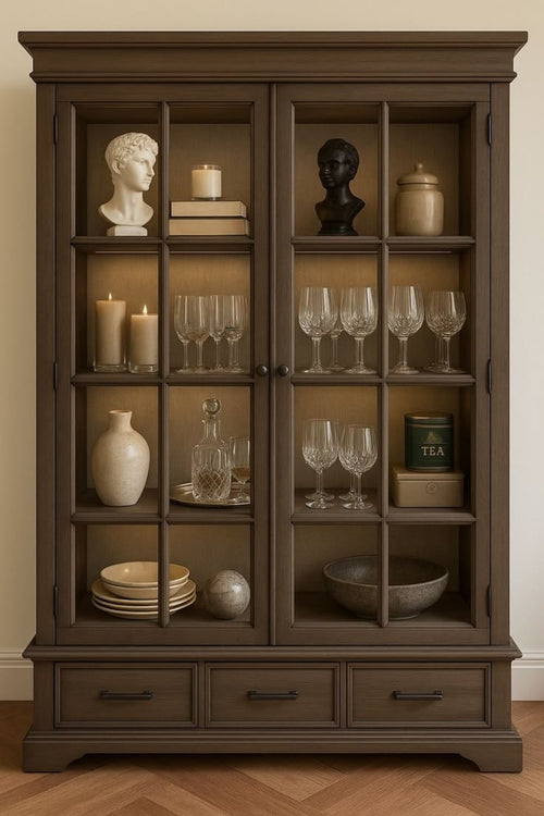 Classic Sheesham wood and MDF curio cabinet with glass display doors and three lower drawers