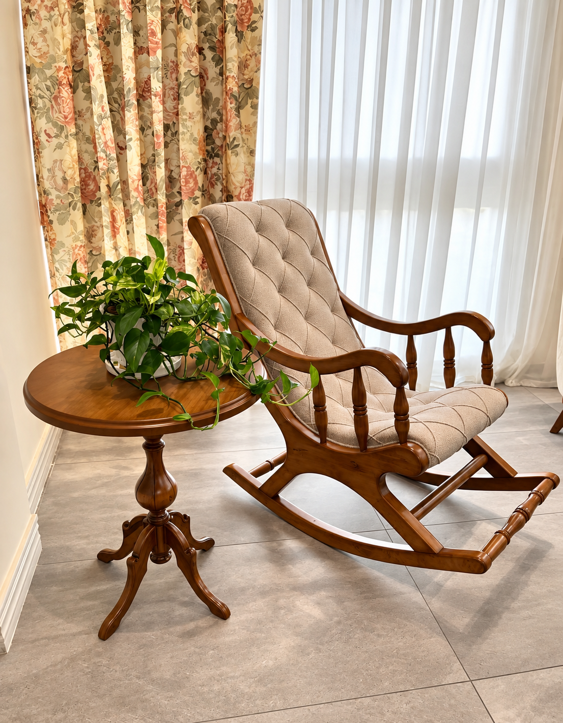 Classic upholstered wooden rocking chair with beige tufted fabric