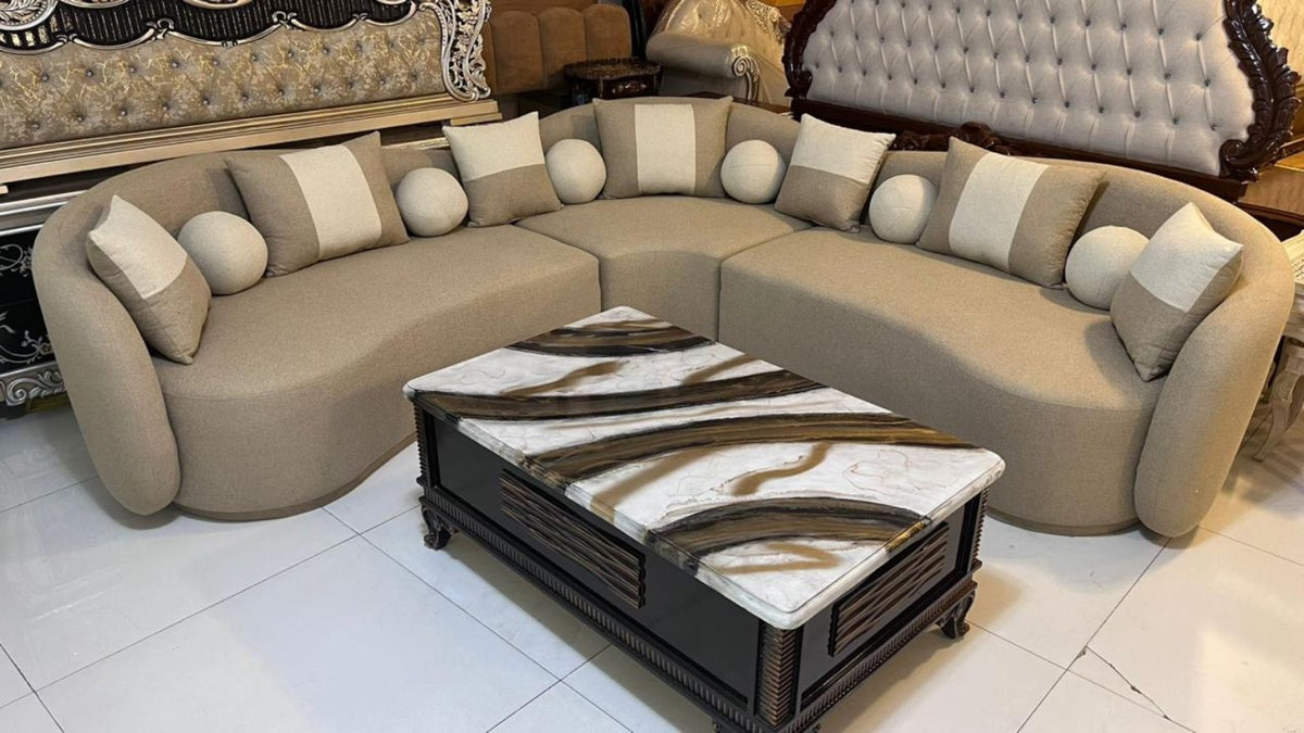 Curved L-shape 7-seater sofa with Molty Foam seating and spring support - front view