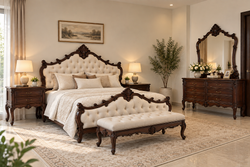 Heritage Crown pure Sheesham wood tufted bed set with side tables and six-drawer dressing mirror