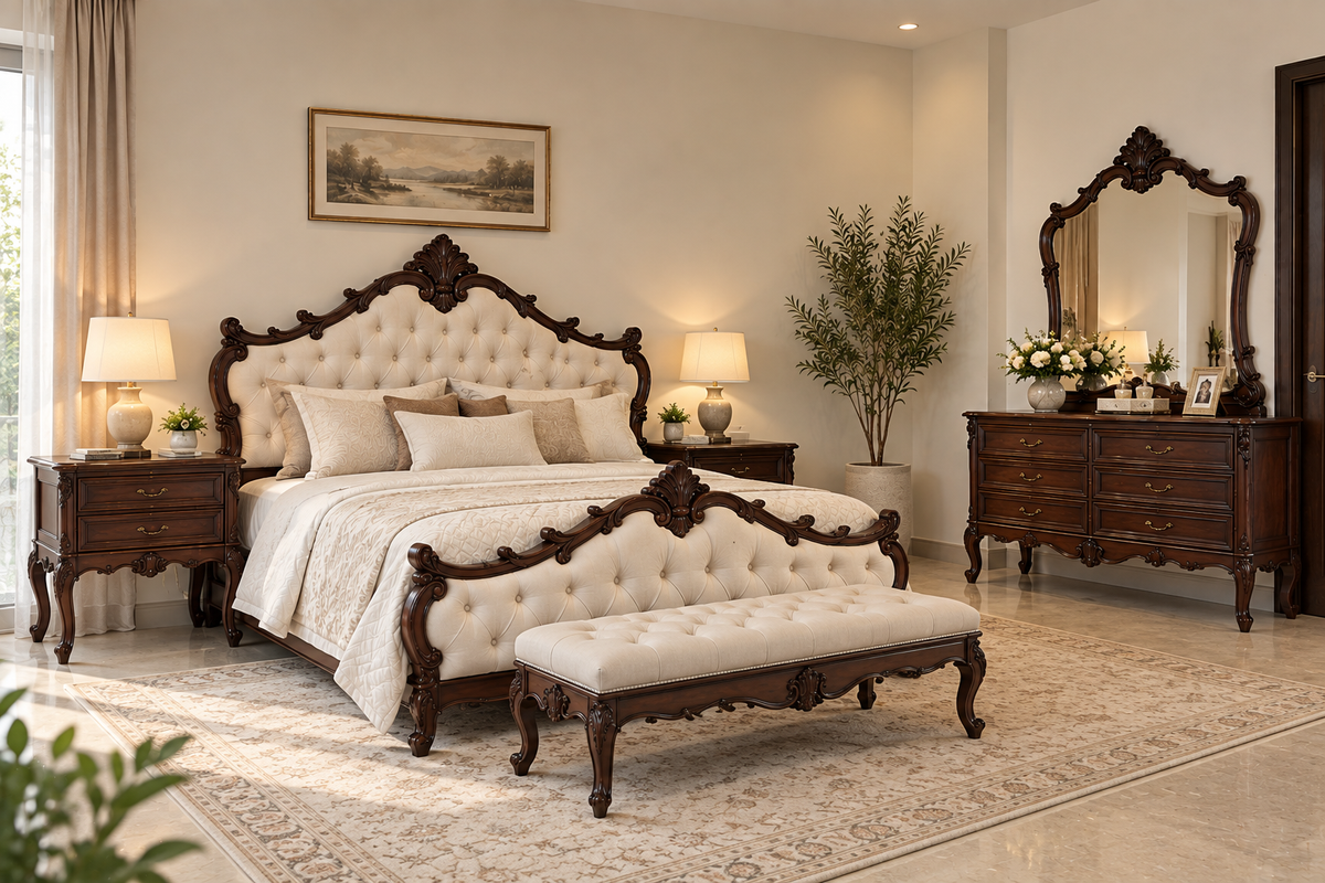 Heritage Crown pure Sheesham wood tufted bed set with side tables and six-drawer dressing mirror