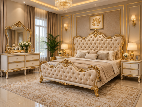 Aurelia Classic Tufted Bed in a spacious cream and gold luxury bedroom interior