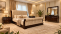 Regency Sleigh Bedroom Set with upholstered bed, matching side tables and dressing mirror