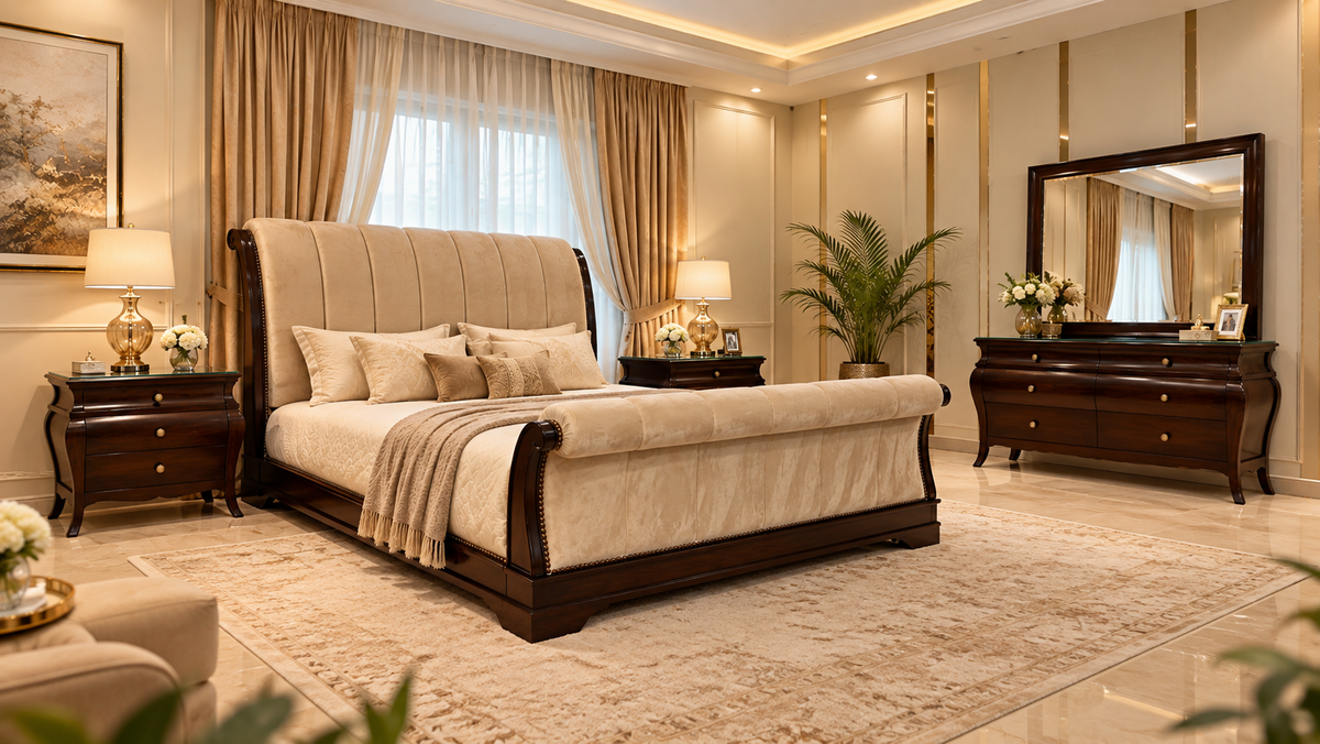 Regency Sleigh Bedroom Set with upholstered bed, matching side tables and dressing mirror
