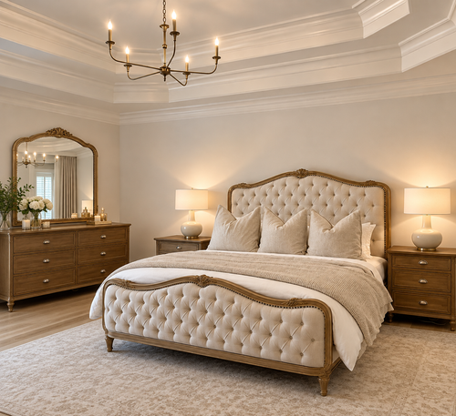 Antique gold tufted pure Sheesham wood bed with matching six-drawer dresser and mirror