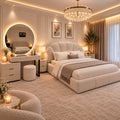 Luna Bouclé Modern Luxury Bed Set with two matching bedside tables