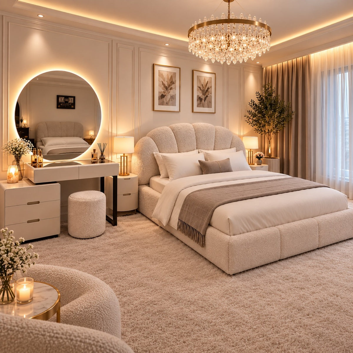 Luna Bouclé Modern Luxury Bed Set with two matching bedside tables