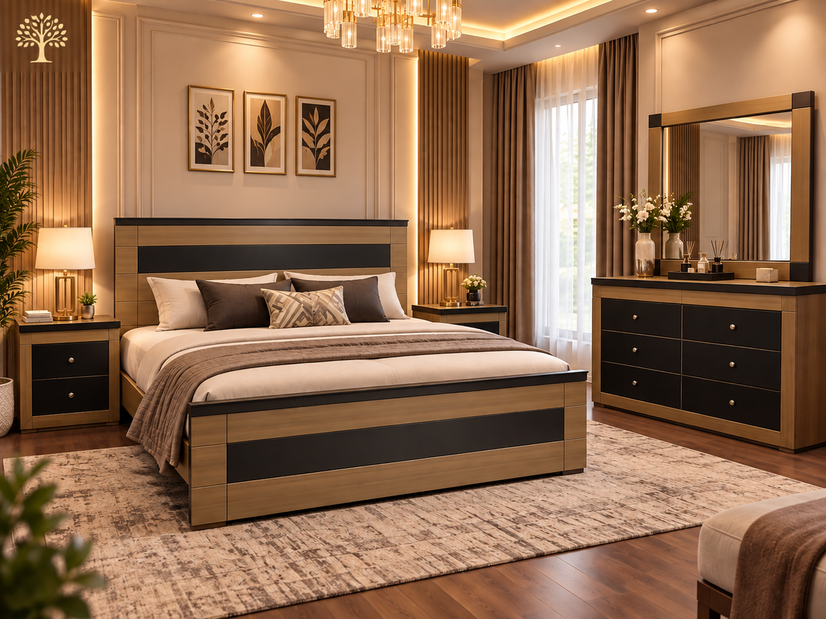 Modern luxury wood and MDF bed with matching bedroom furniture
