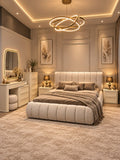 Luxe Cloud Panel modern bedroom set with upholstered bed, two side tables, dressing mirror and stool