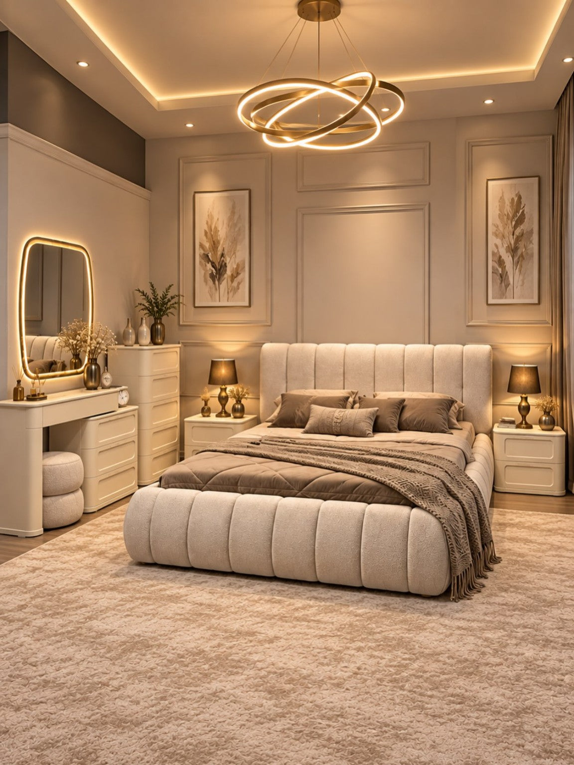 Luxe Cloud Panel modern bedroom set with upholstered bed, two side tables, dressing mirror and stool