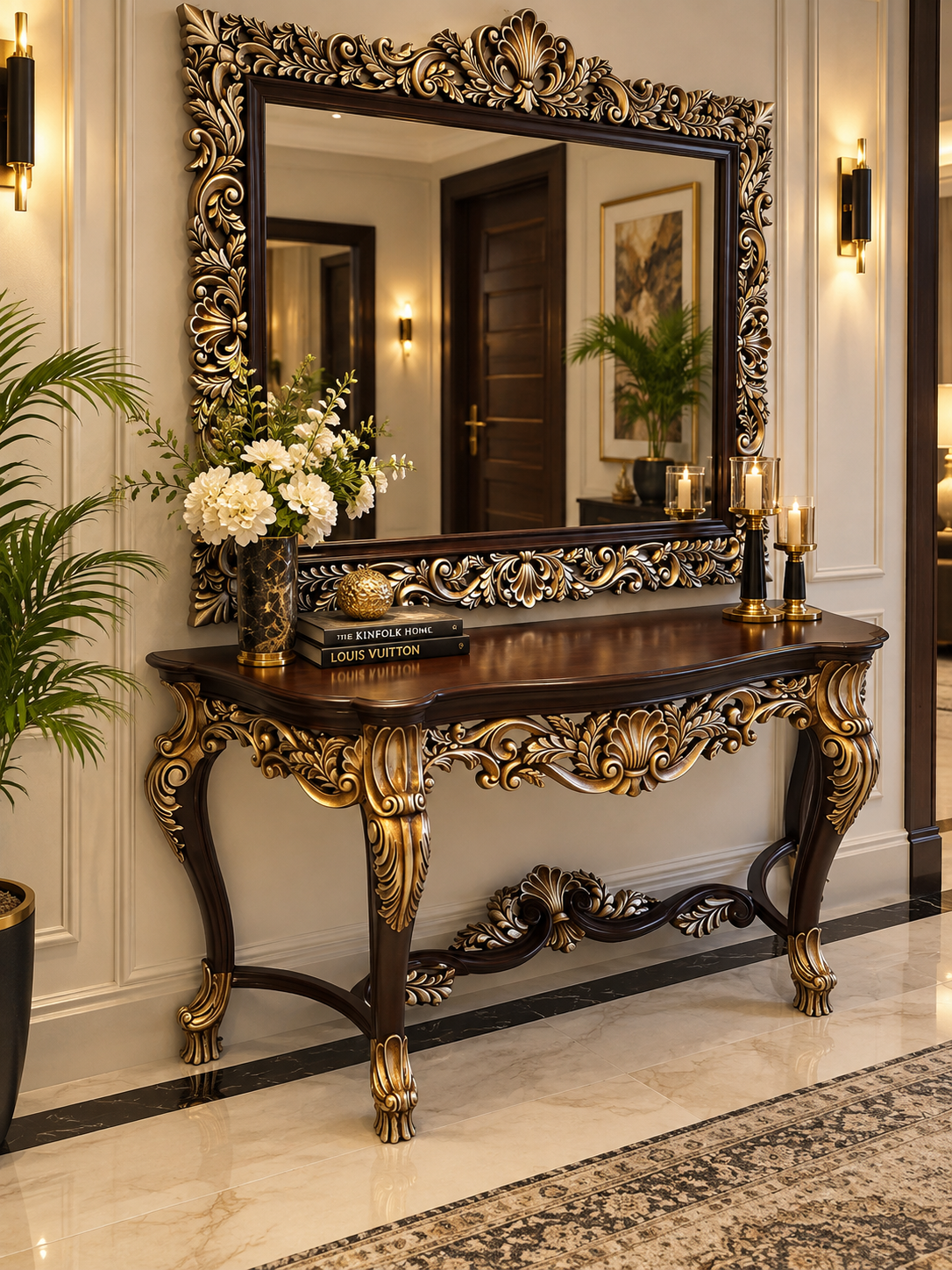 Royal carved pure Sheesham wood console table with matching mirror