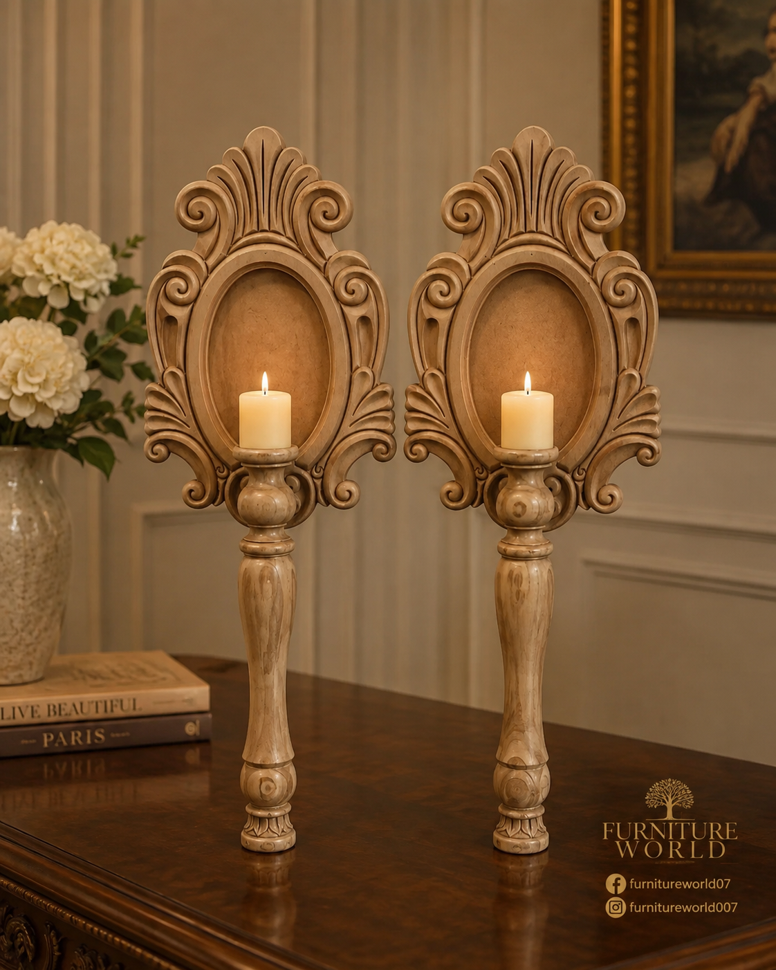 Pair of ornate carved wood and MDF candle stands in an elegant classic interior