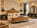 Luxury gold tufted carved bed with matching black and gold bedside tables in elegant bedroom interior