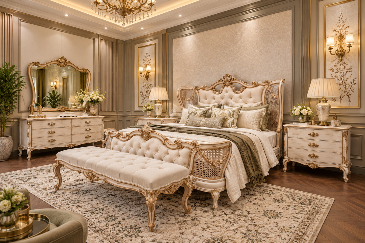Royal Rattan Tufted Bed with cream upholstery, carved gold accents and rattan detailing