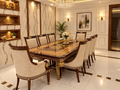 Royal Sheesham inlay dining set with ornate pure wood table and upholstered chairs