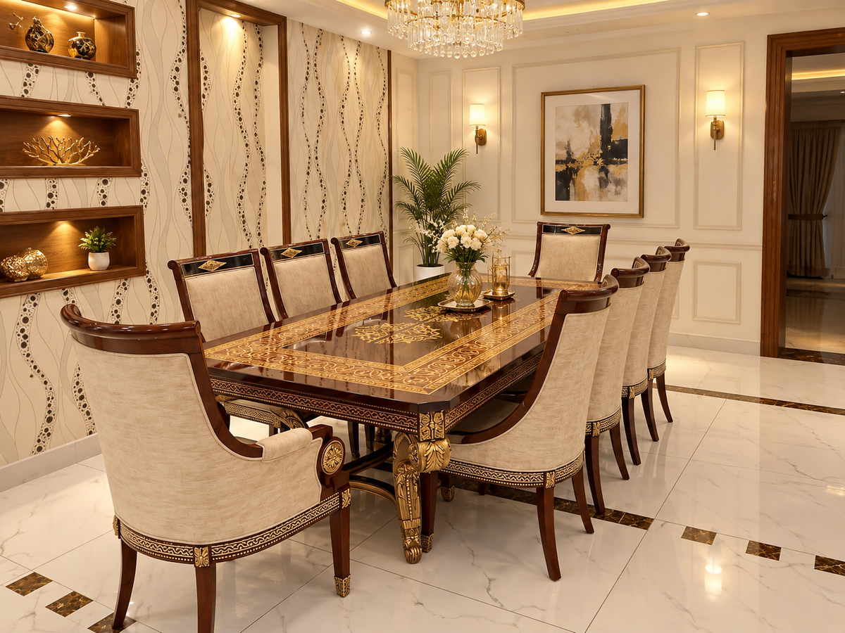 Royal Sheesham inlay dining set with ornate pure wood table and upholstered chairs