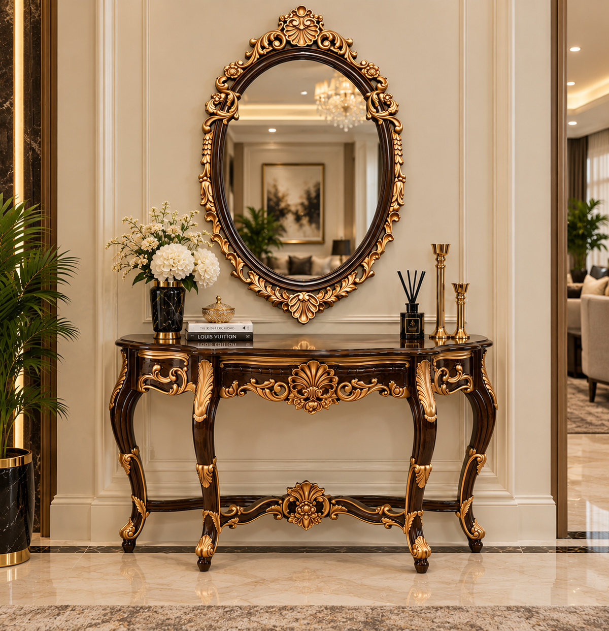 Pure Sheesham wood carved console table with matching oval mirror