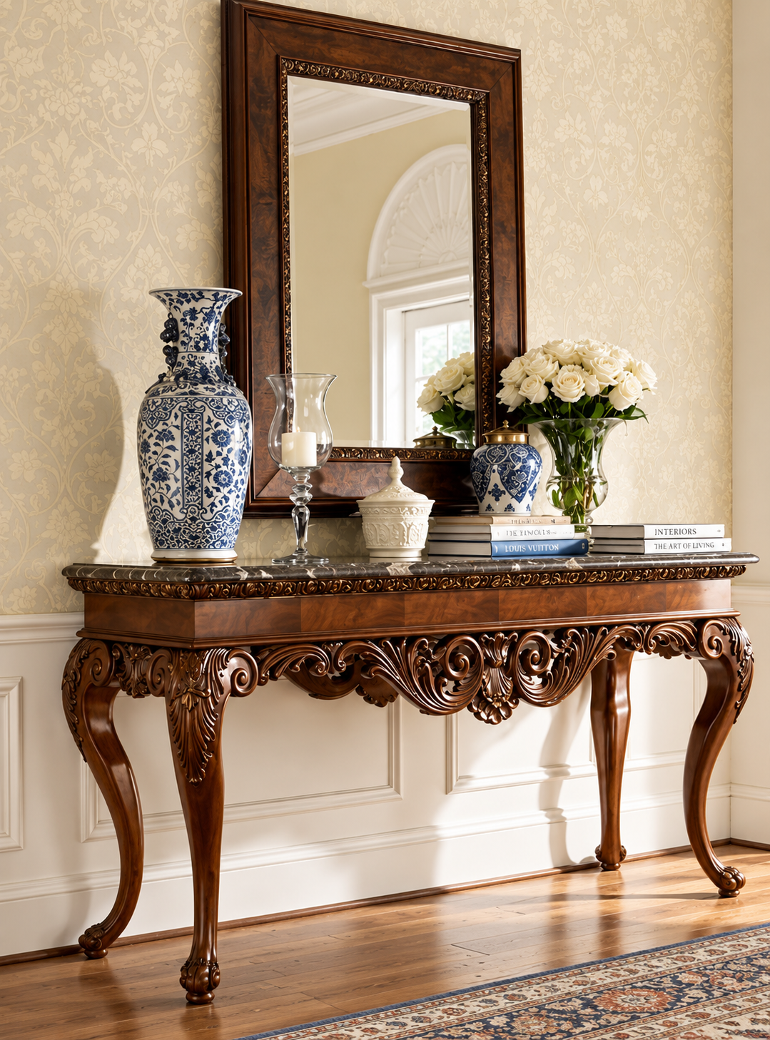 Pure Sheesham wood 5 ft carved console with matching mirror
